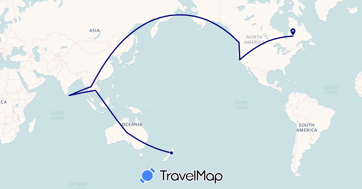 TravelMap itinerary: driving in Australia, Canada, Cambodia, Sri Lanka, New Zealand, Thailand, United States (Asia, North America, Oceania)